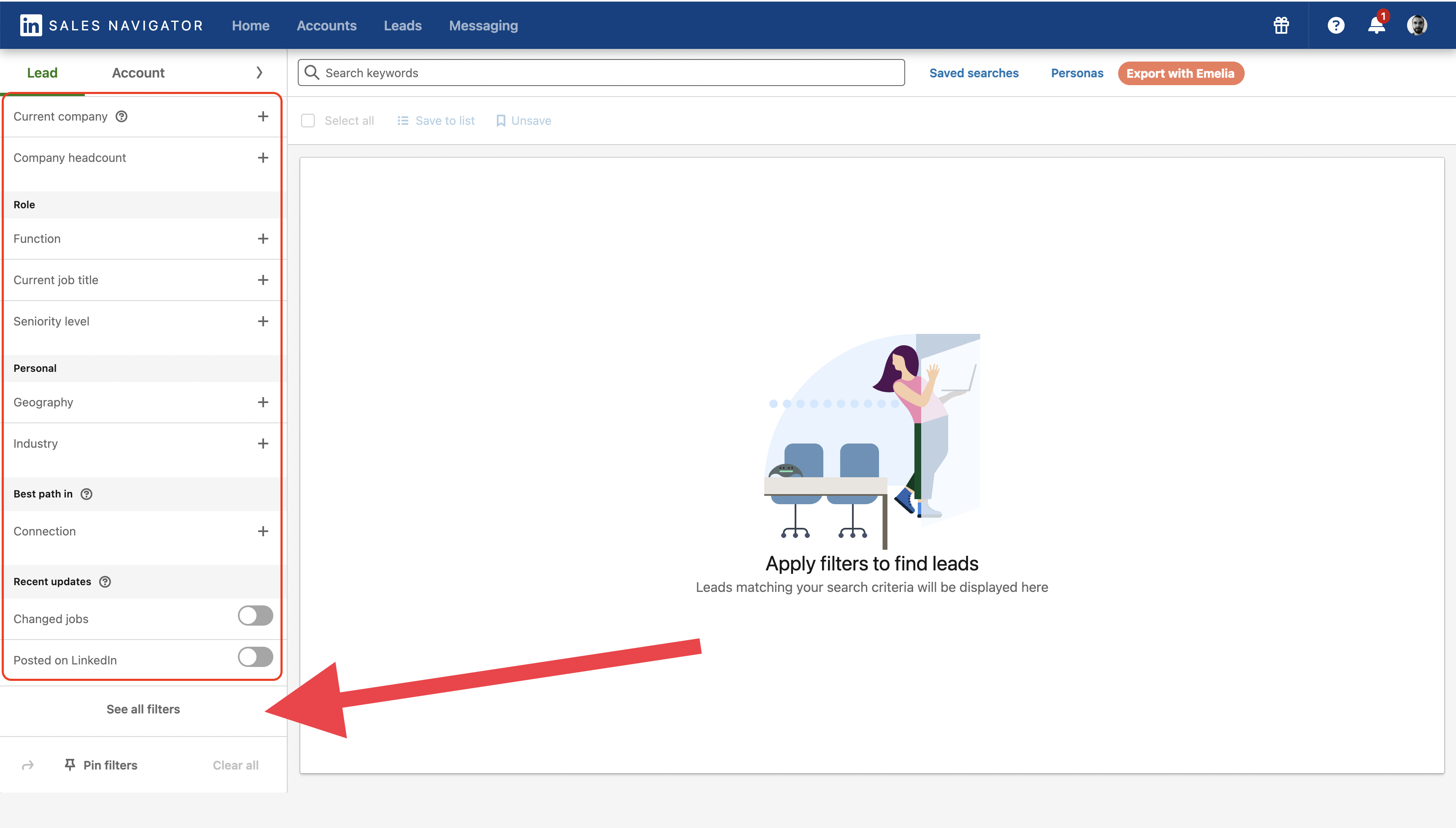 Captura de tela dos filtros do LinkedIn Sales Nav