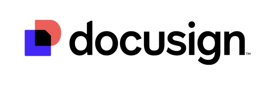 Docusign written in black on a white background with a small pink and purple logo next to it.