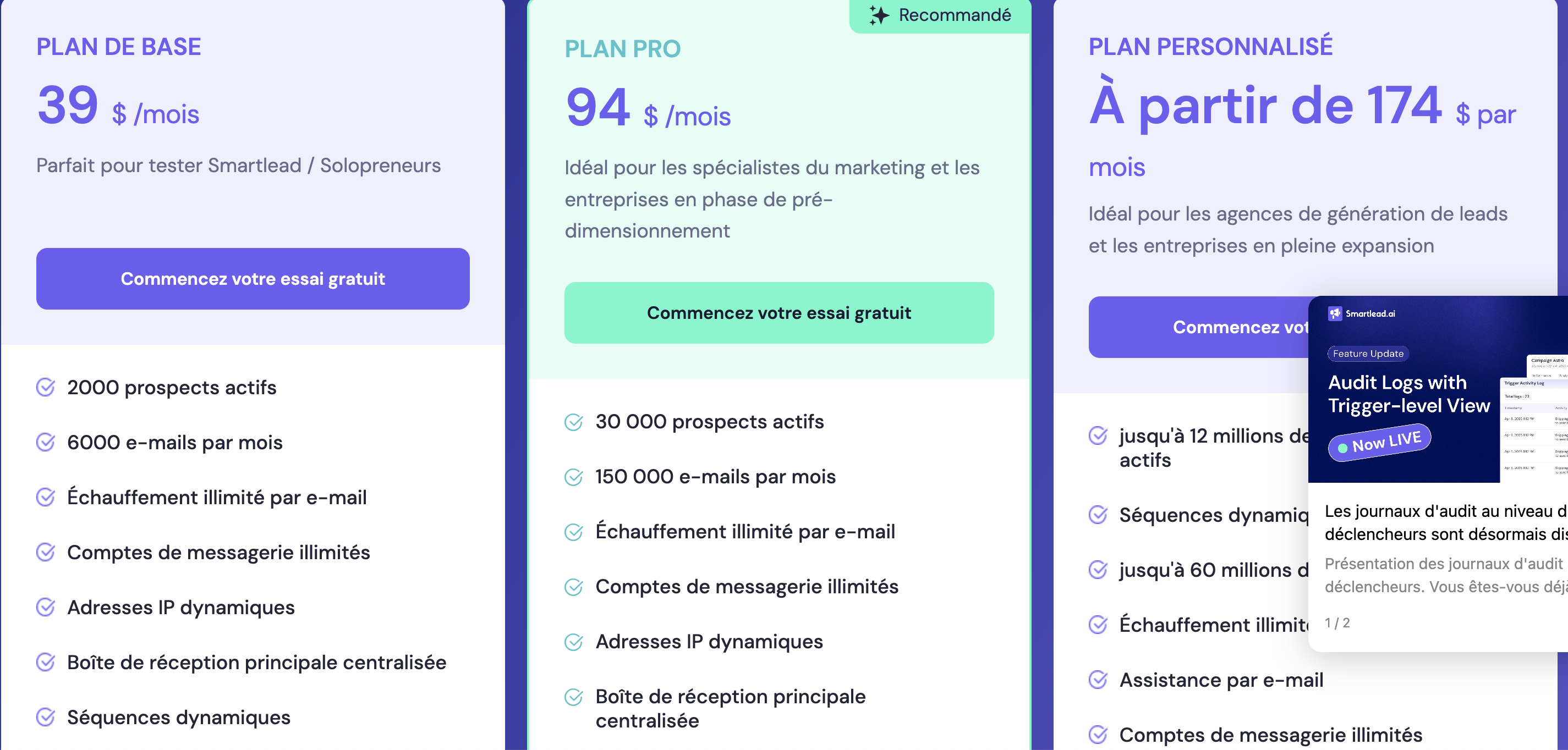 Capture d'ecran des prix de Smartlead