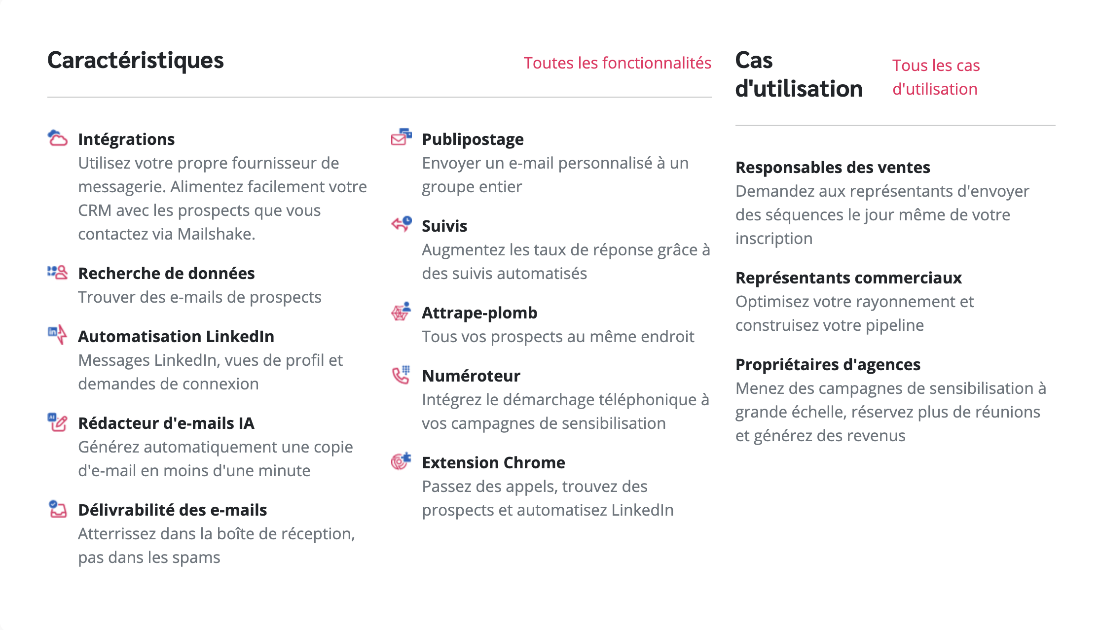 Capture decran des fonctionnalités de Mailshake