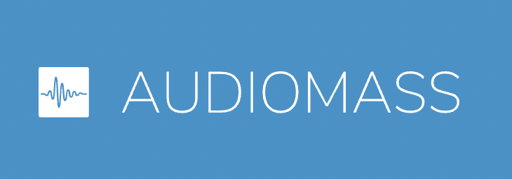 Audiomas written in white on a blue background