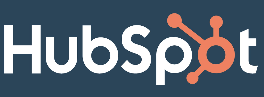 Hubspot written in white except for the o in orange, all on a dark blue background.