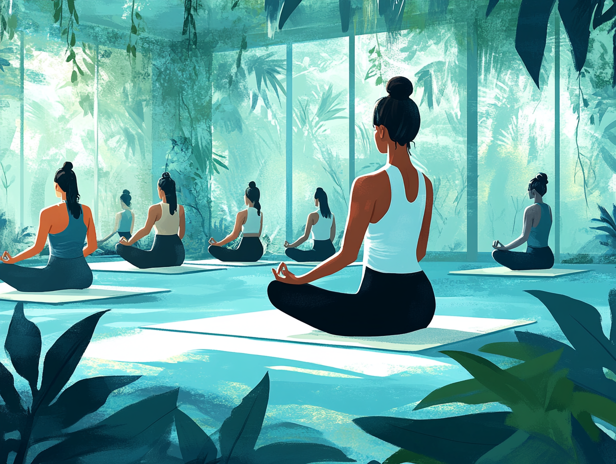 Image d'une jeune femme de dos donant un cours de yoga à d'autre femmes elles aussi de dos et assises en tailleur.