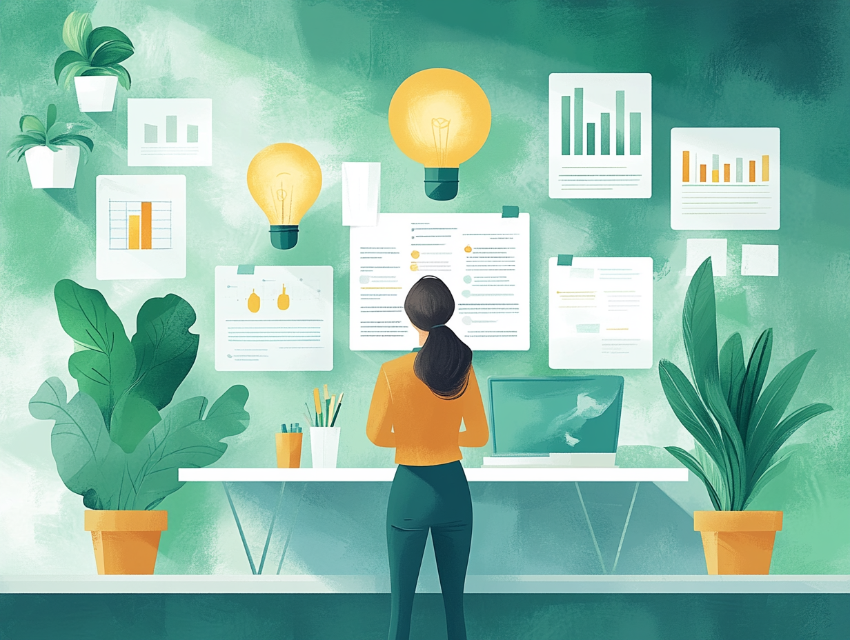 Illustration of a woman standing with her back to the viewer, looking at a wall covered with graphs and two light bulbs, which may symbolize ideas.