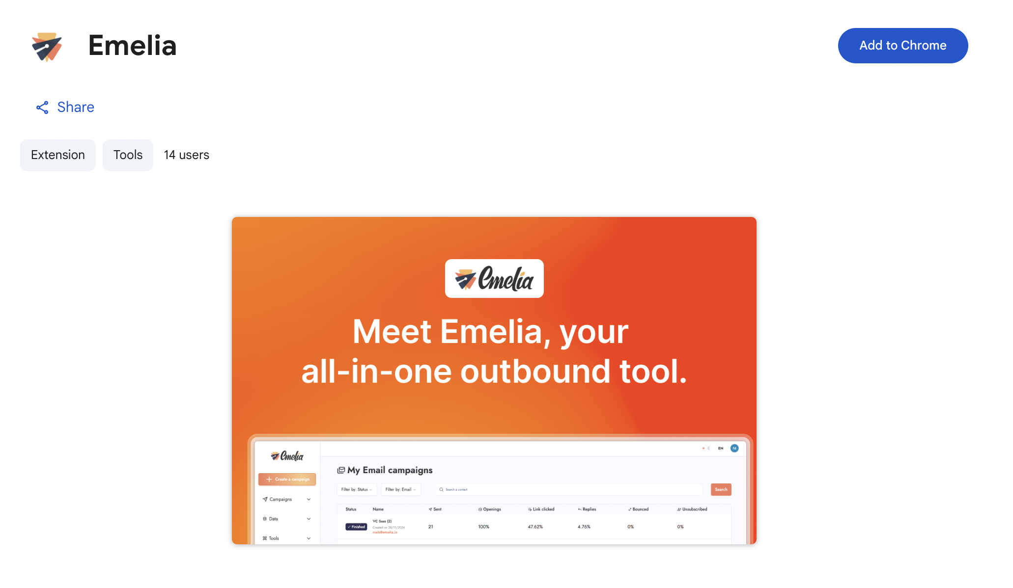 Download the Emelia Google Chrome extension for fully automated B2B prospecting