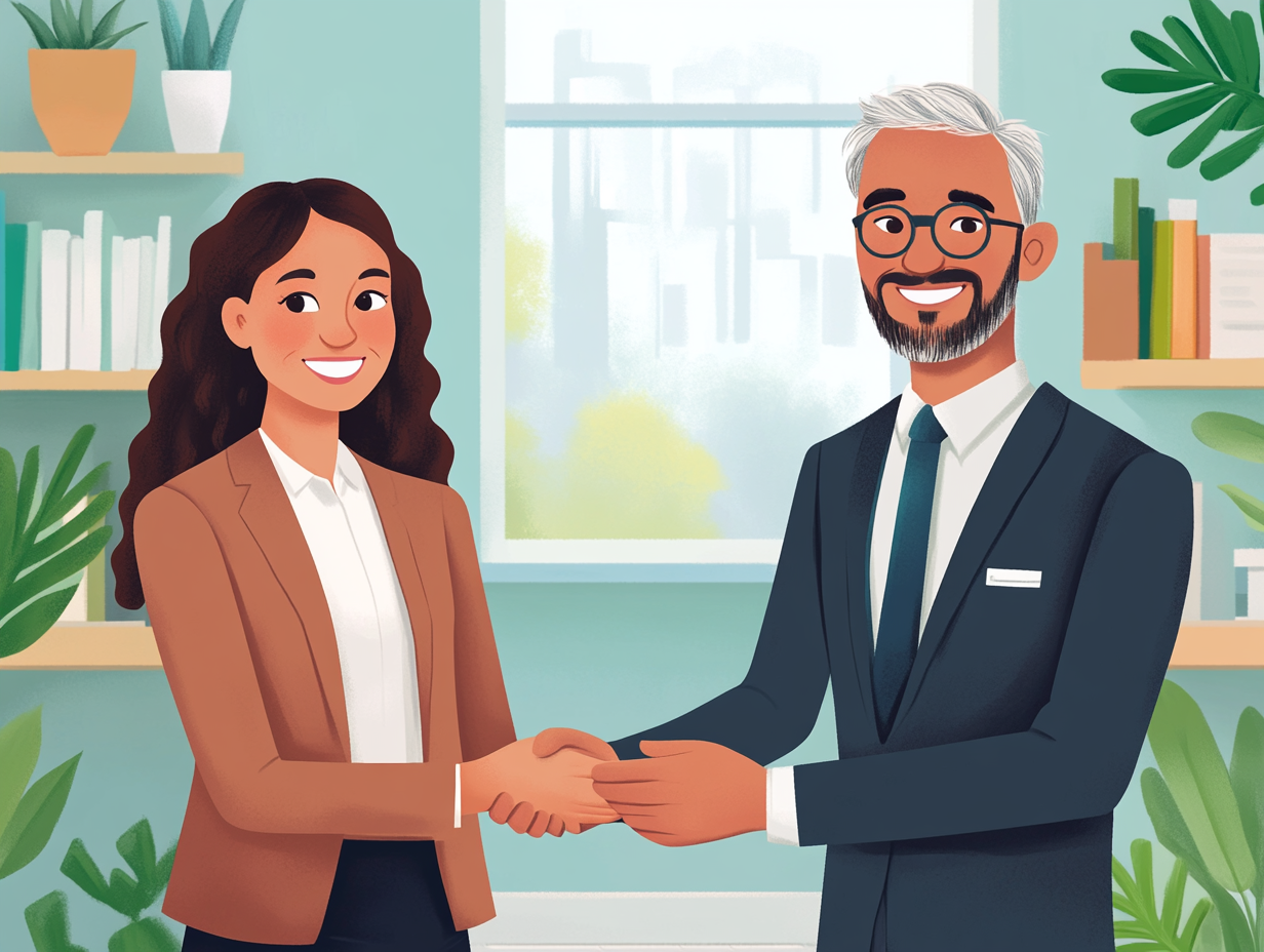 Illustration of a smiling woman and man shaking hands.