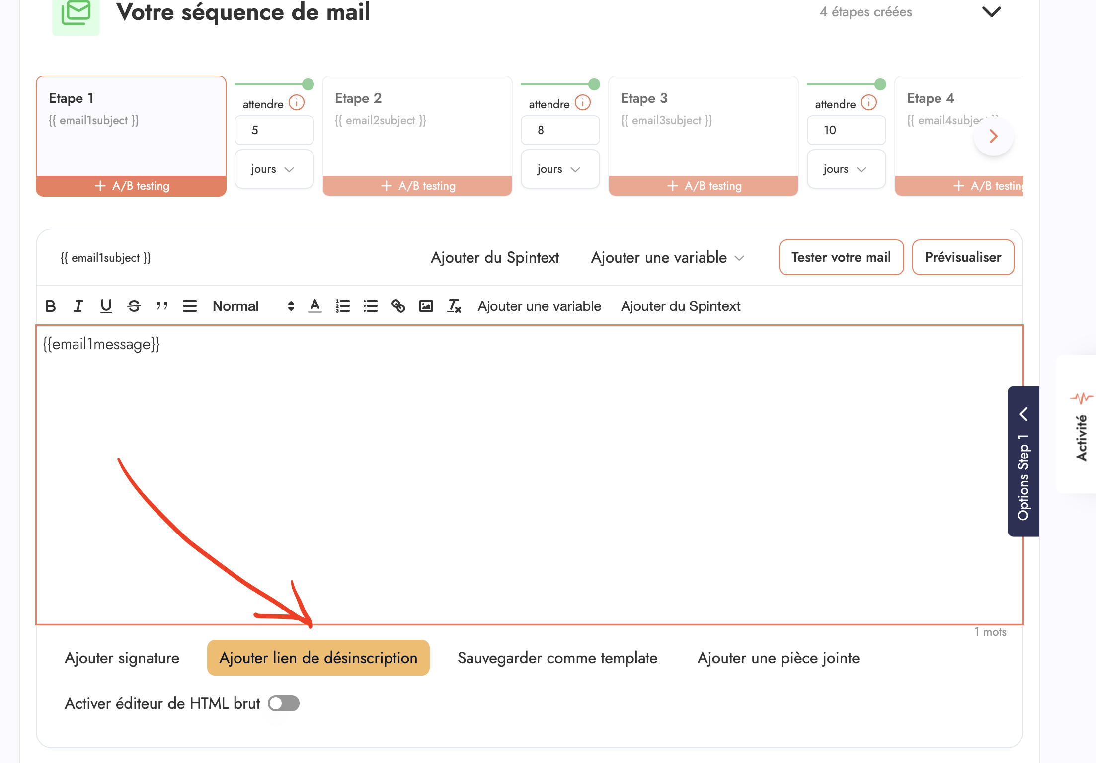 Capture d'ecran pour montrer où se trouve le lien de désinscription